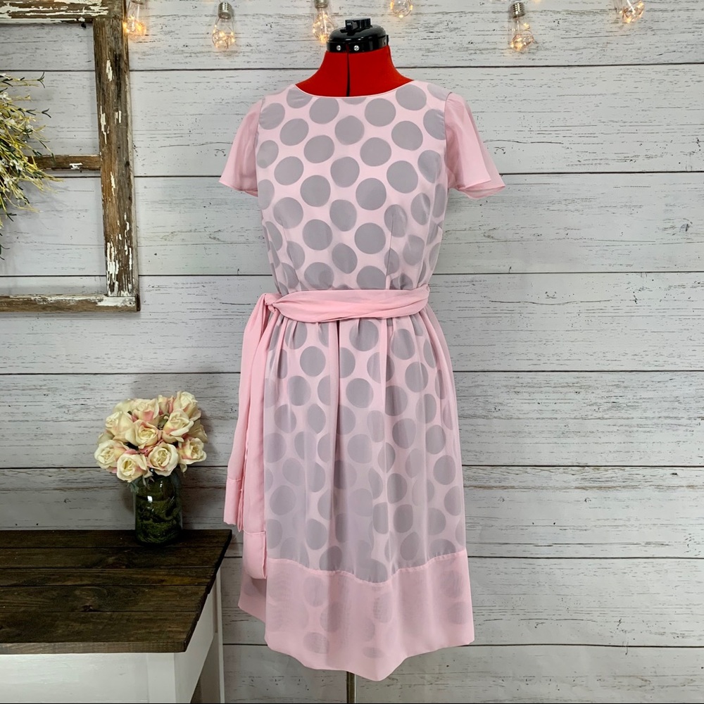 SARA CAMPBELL Pink Chiffon Overlay Black Dot Dress